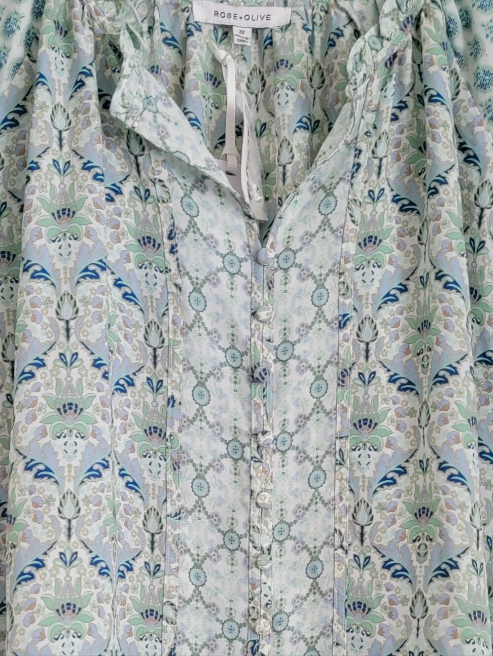 Rose & Olive Mint and Blue Floral Ruffle-Trim Blouse - Picture 6 of 8